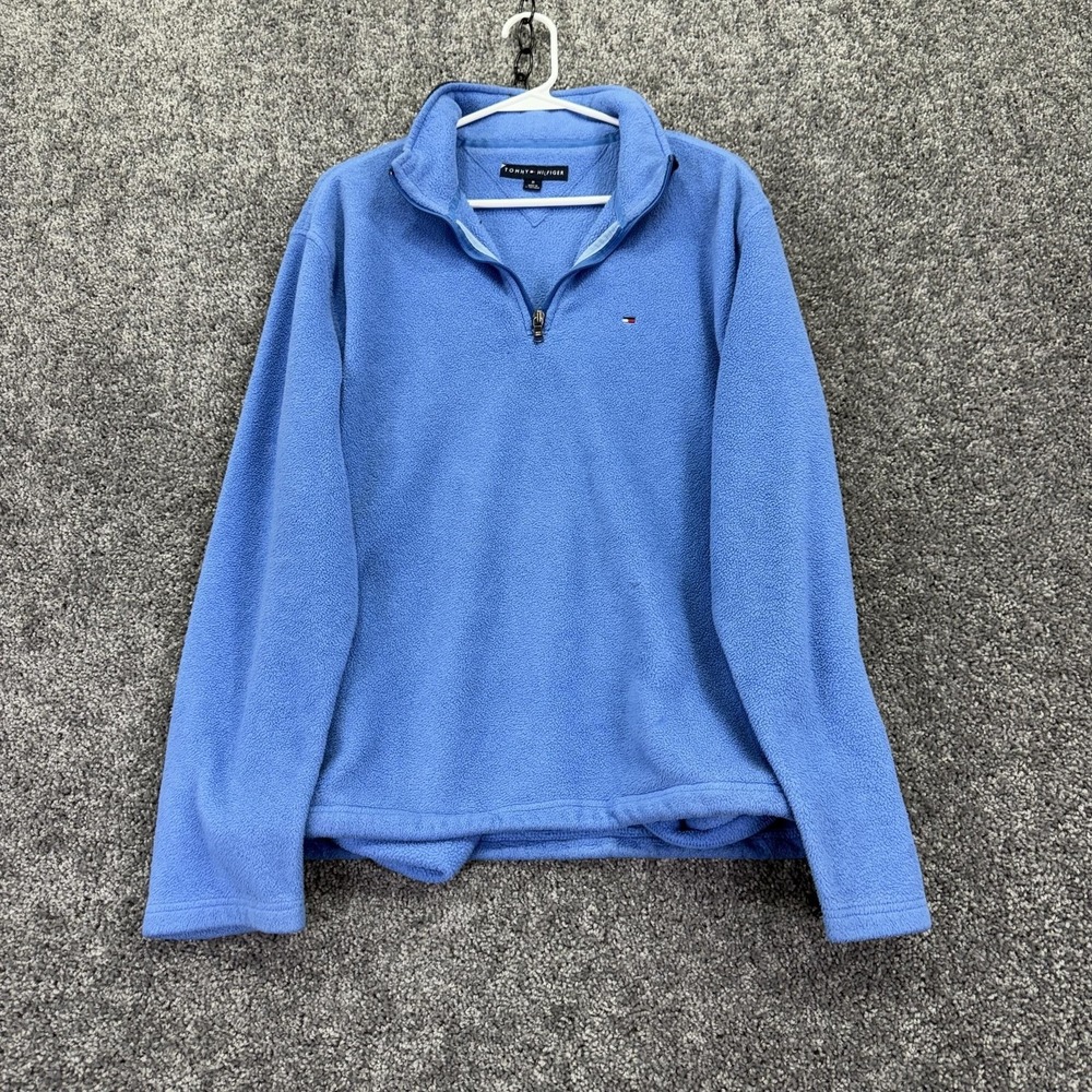 Tommy Hilfiger Sweater Mens Medium Blue Fleece 1/4 Zip Mock Neck Logo Pullover